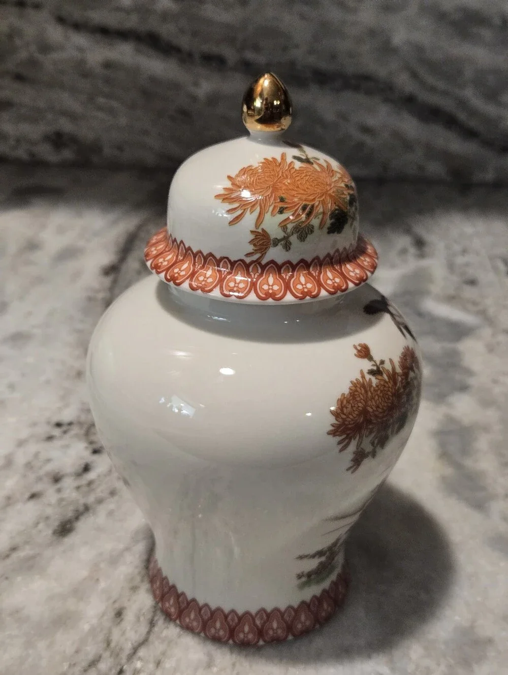Hand-Painted Orange & Lavender Floral Ginger Jar with Gold-Tipped Lid